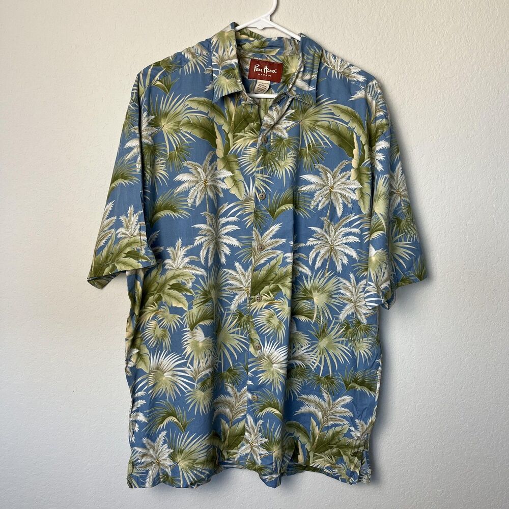 Pau Hana Hawaii Shirt Mens Large Blue Palm‎ Tree Hawaiian Aloha Button Front